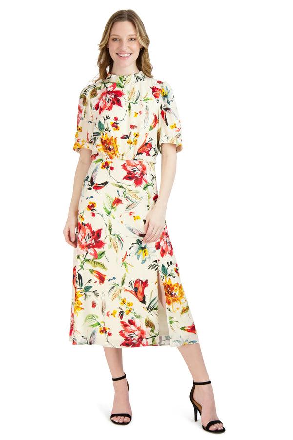 julia jordan Floral Mock Neck Dress Ivory