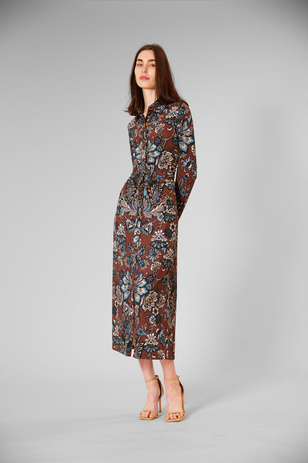 Julia Jordan LONG SLV COLLARED DRESS BROWN MULTI