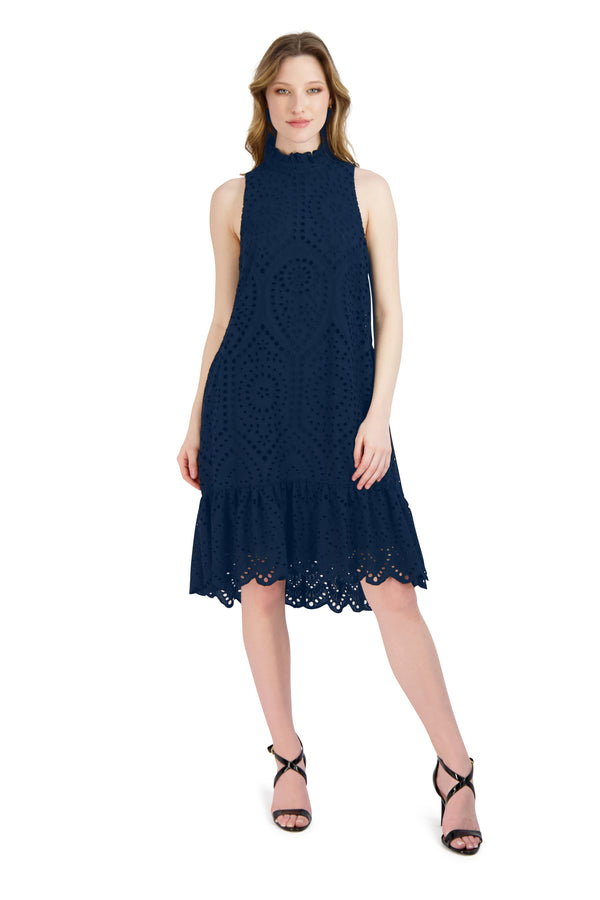 Julia Jordan MOCK NECK RUFFLE EYELET DRESS WHITE