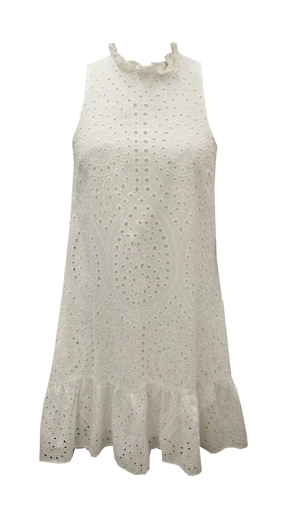julia jordan MOCK NECK RUFFLE EYELET DRESS WHITE