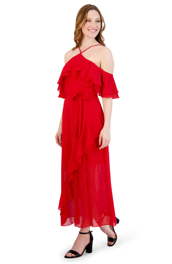 Julia Jordan OFF SHOULDER FLUTTER SLEEVE DRESS RED