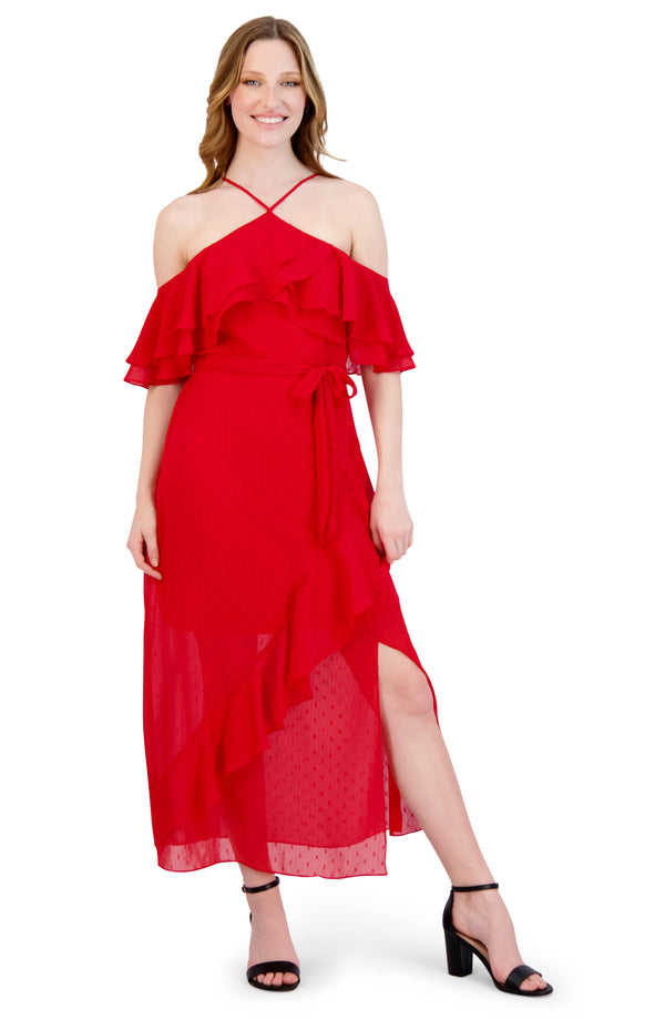 julia jordan OFF SHOULDER FLUTTER SLEEVE DRESS RED