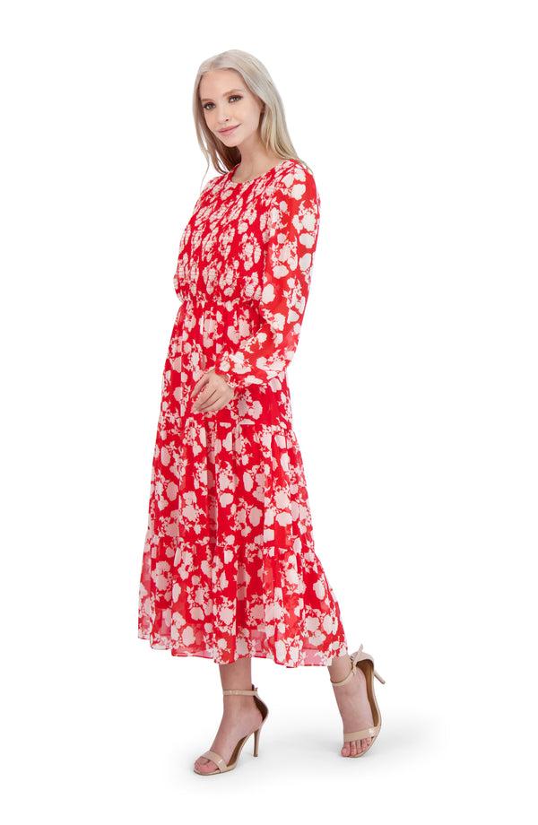Julia Jordan Printed Smocked Midi Dress Red Multi