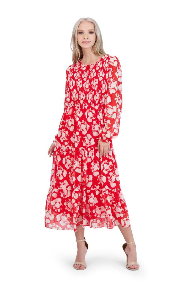 Julia Jordan Printed Smocked Midi Dress Red Multi