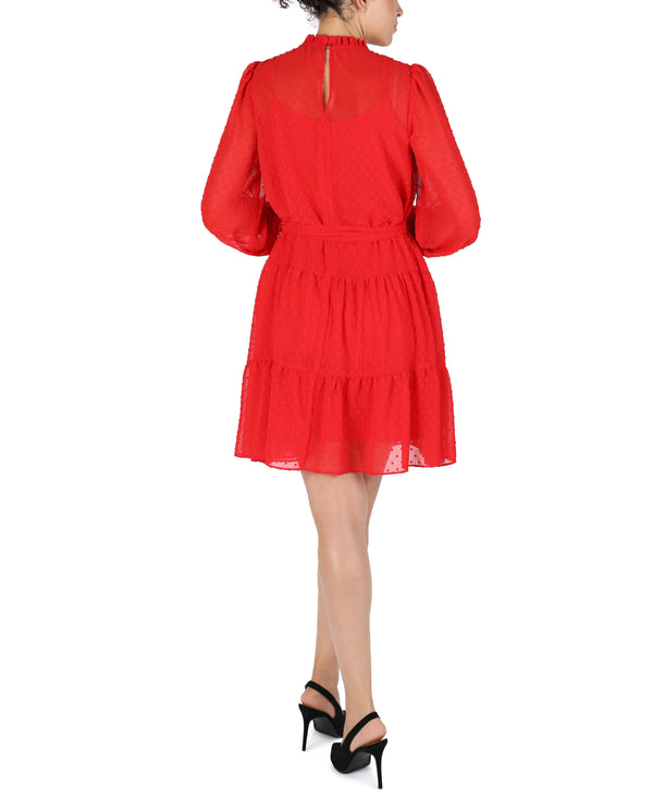 Julia Jordan Red Swiss Dot Mock Neck Dress Red