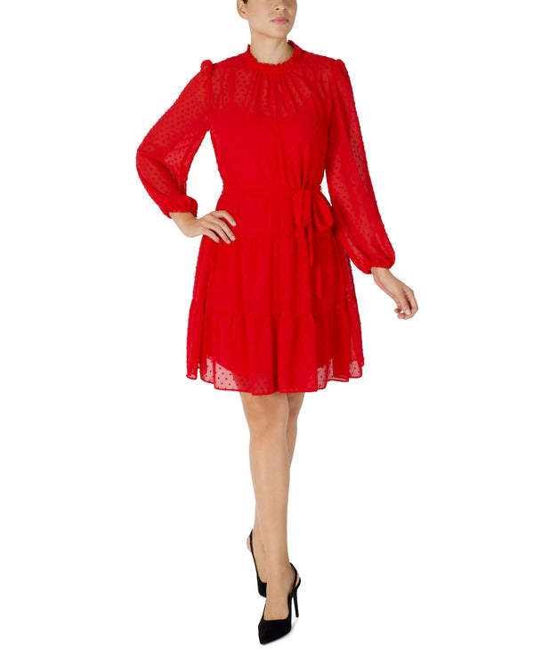 julia jordan Red Swiss Dot Mock Neck Dress Red