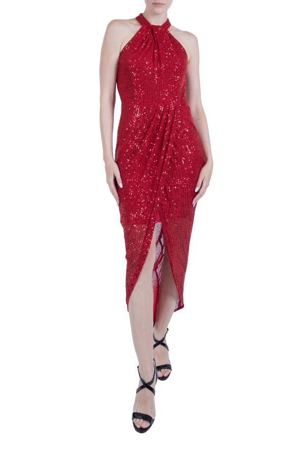 julia jordan Sequins Knot Neck Tulip Hem Dress Red