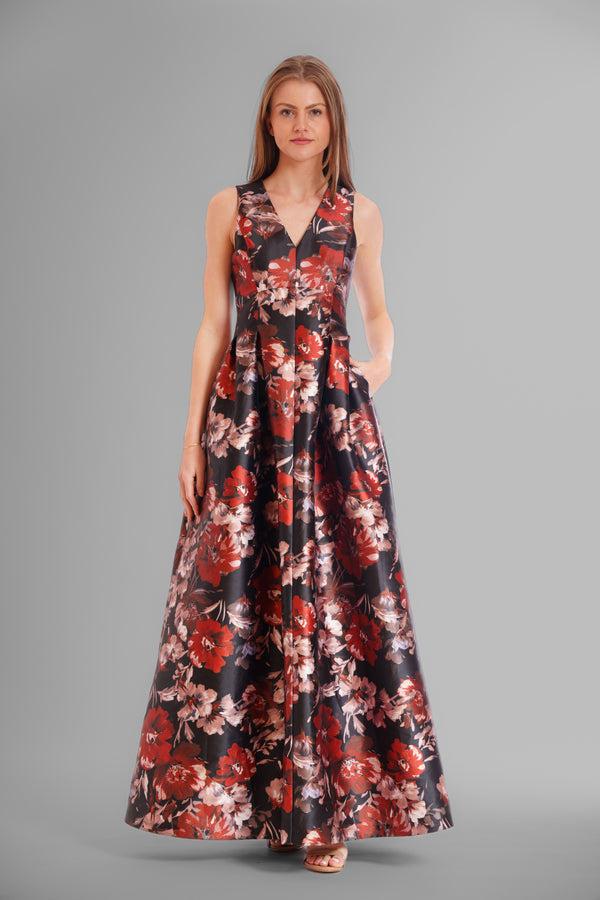 Julia Jordan SLVLESS GOWN W V-NECKLINE BLACK RUST