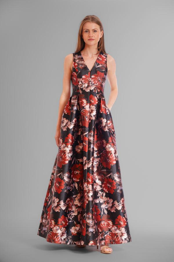 julia jordan SLVLESS GOWN W V-NECKLINE BLACK RUST