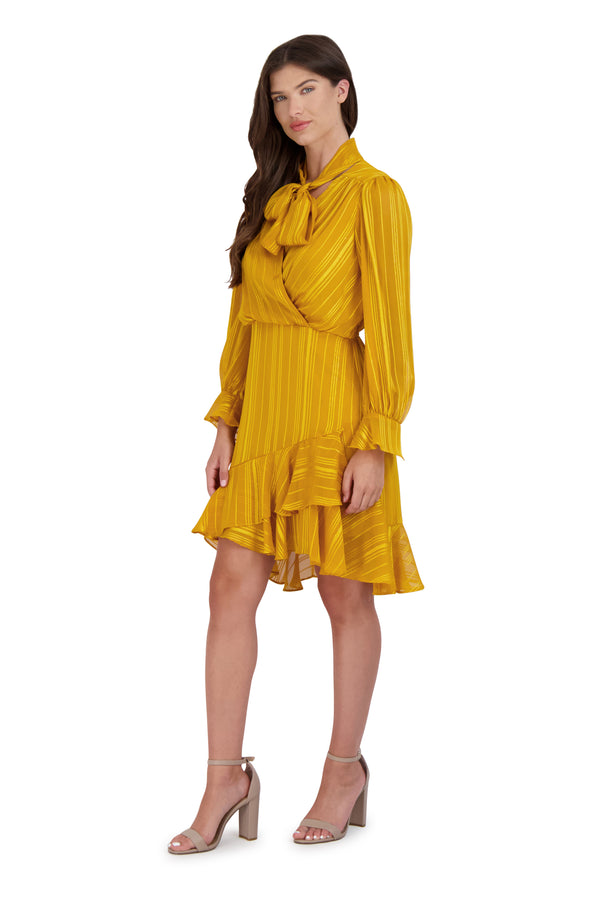 Julia Jordan Tie Neck Short Ruffle Dress Yellow