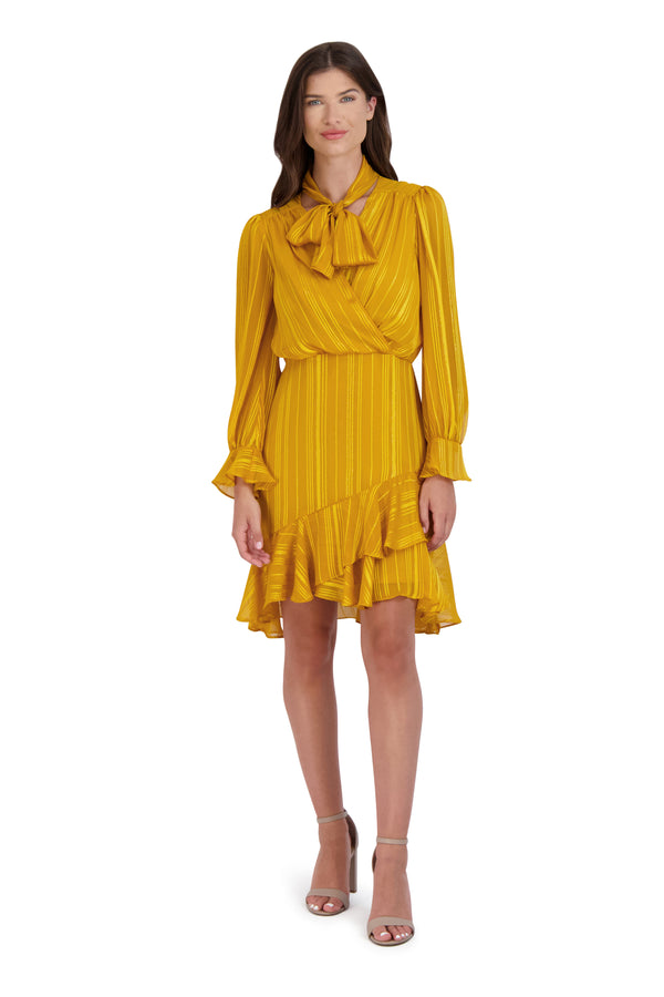 julia jordan Tie Neck Short Ruffle Dress Yellow