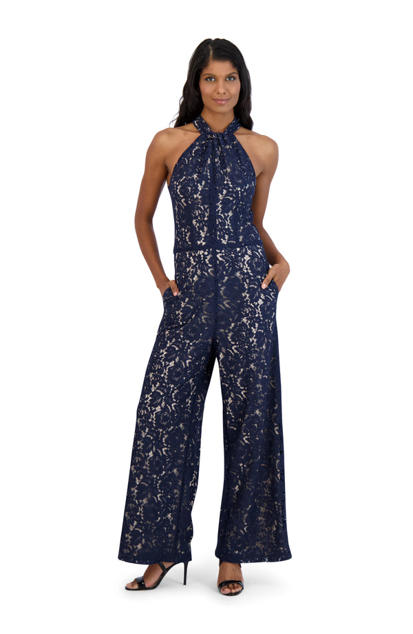 Julia Jordan Knot Neck Halter Lace Jumpsuit Ivory / Nude