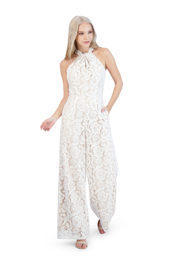 julia jordan Knot Neck Halter Lace Jumpsuit Ivory / Nude