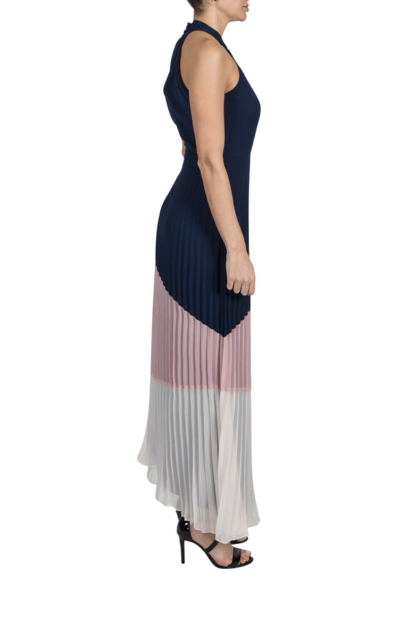 Julia Jordan KNOT NECK PLEATED SKIRT MAXI NAVY/MULTI