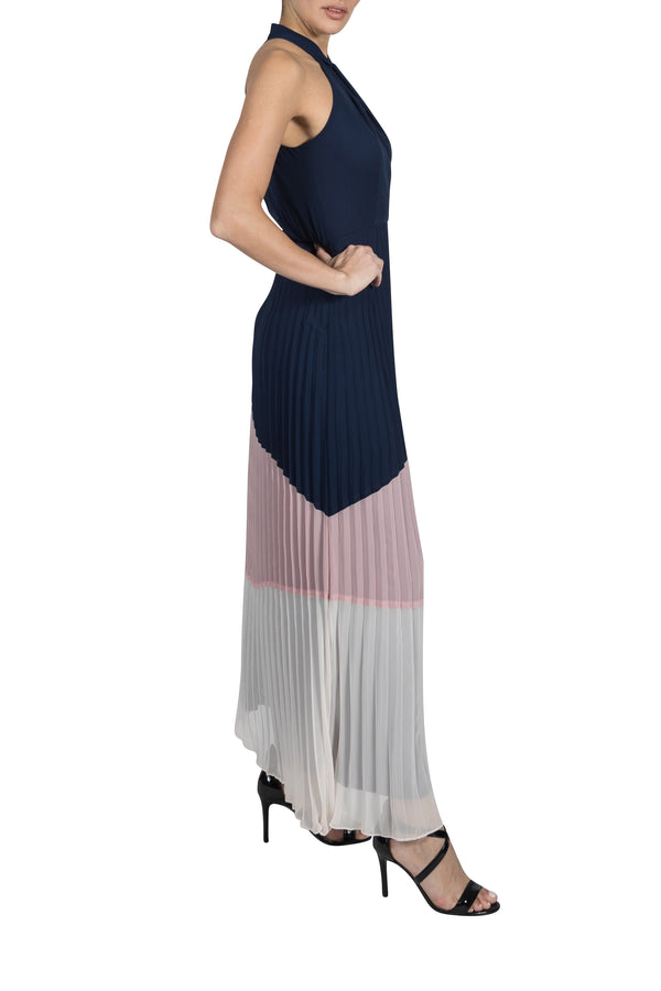 Julia Jordan KNOT NECK PLEATED SKIRT MAXI NAVY/MULTI