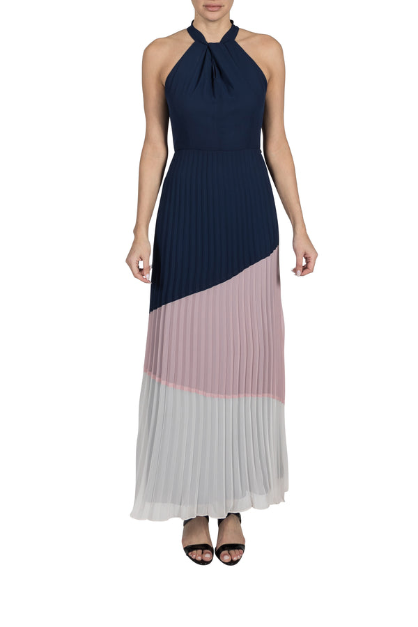julia jordan KNOT NECK PLEATED SKIRT MAXI NAVY/MULTI