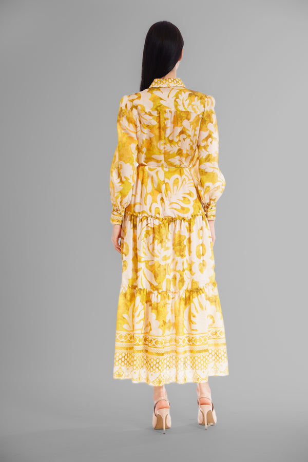 Julia Jordan L/S SHIRT DRESS WITH WAIST TIE & TIERED SKIRT YELLOW/GREEN