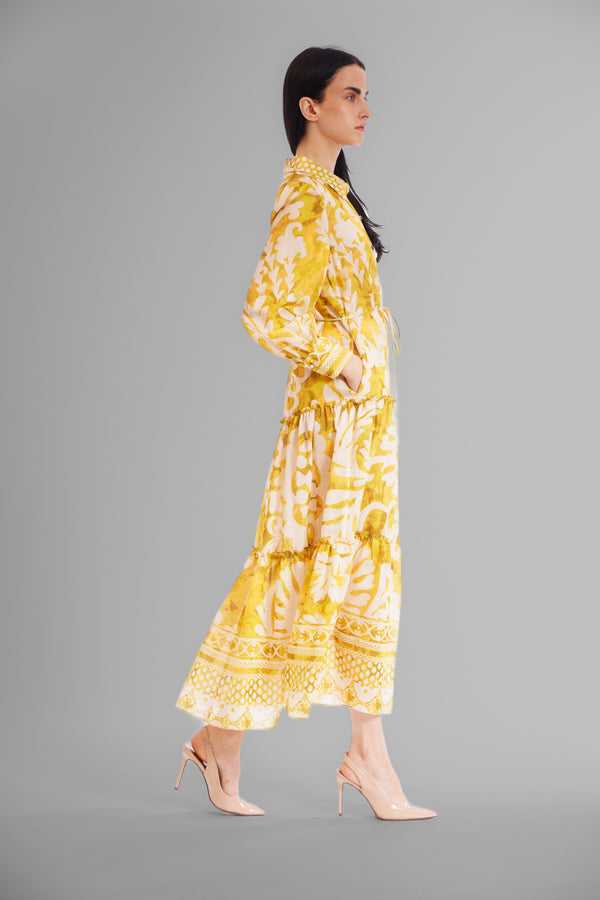 Julia Jordan L/S SHIRT DRESS WITH WAIST TIE & TIERED SKIRT YELLOW/GREEN