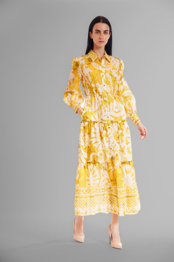 Julia Jordan L/S SHIRT DRESS WITH WAIST TIE & TIERED SKIRT YELLOW/GREEN
