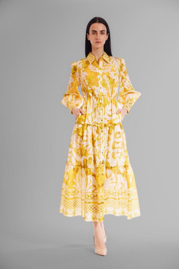 julia jordan L/S SHIRT DRESS WITH WAIST TIE & TIERED SKIRT YELLOW/GREEN