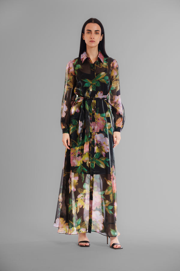 Julia Jordan L/S SHIRTDRESS GOWN W SELF SASH BLACK MULTI