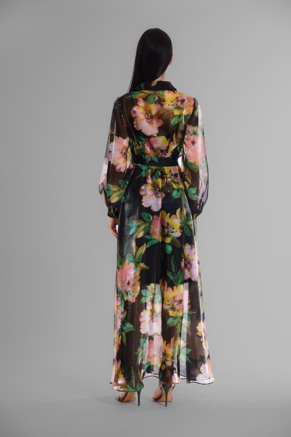 Julia Jordan L/S SHIRTDRESS GOWN W SELF SASH BLACK MULTI