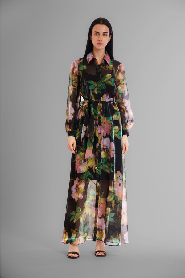 julia jordan L/S SHIRTDRESS GOWN W SELF SASH BLACK MULTI