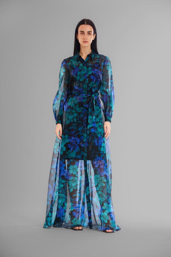 Julia Jordan L/S SHIRTDRESS GOWN W/ SELF SASH BLUE MULTI