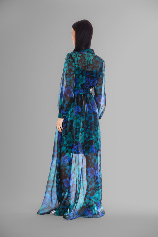 Julia Jordan L/S SHIRTDRESS GOWN W/ SELF SASH BLUE MULTI