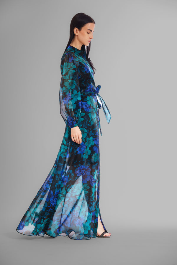 Julia Jordan L/S SHIRTDRESS GOWN W/ SELF SASH BLUE MULTI