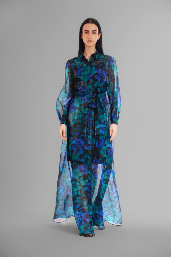 julia jordan L/S SHIRTDRESS GOWN W/ SELF SASH BLUE MULTI