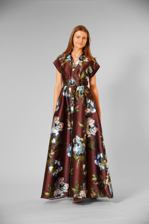 julia jordan LONG LENGTH SHIRT DRESS W SELF COVERED BELT BROWN MULTI