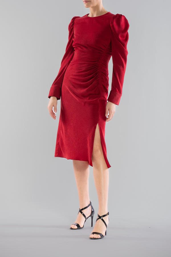 Julia Jordan LONG PUFF SLEEVE SCOOP NECK ROUCHED MIDI DRESS RED