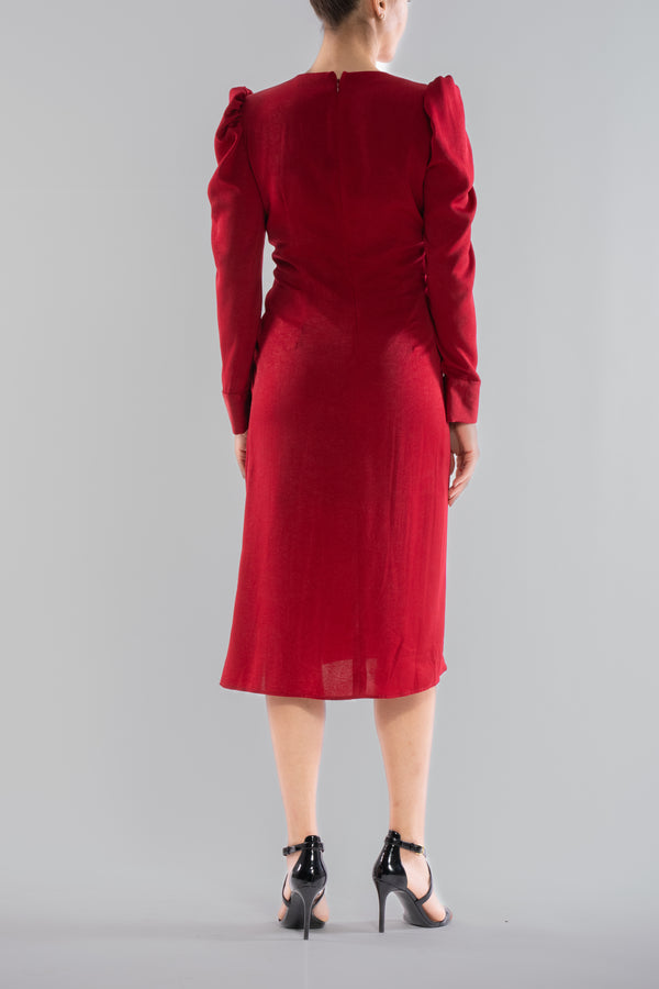 Julia Jordan LONG PUFF SLEEVE SCOOP NECK ROUCHED MIDI DRESS RED