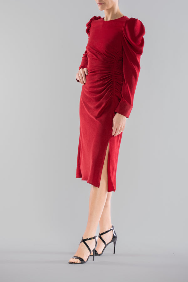 Julia Jordan LONG PUFF SLEEVE SCOOP NECK ROUCHED MIDI DRESS RED
