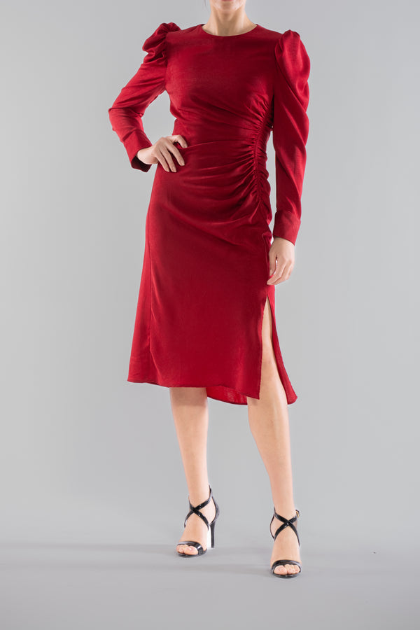 julia jordan LONG PUFF SLEEVE SCOOP NECK ROUCHED MIDI DRESS RED