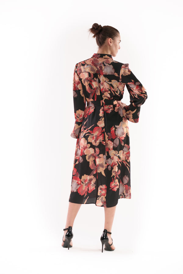 Julia Jordan LONG SLEEVE COLLARED SHIRT DRESS WITH SASH BLACK ORANGE