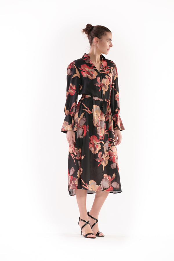 Julia Jordan LONG SLEEVE COLLARED SHIRT DRESS WITH SASH BLACK ORANGE