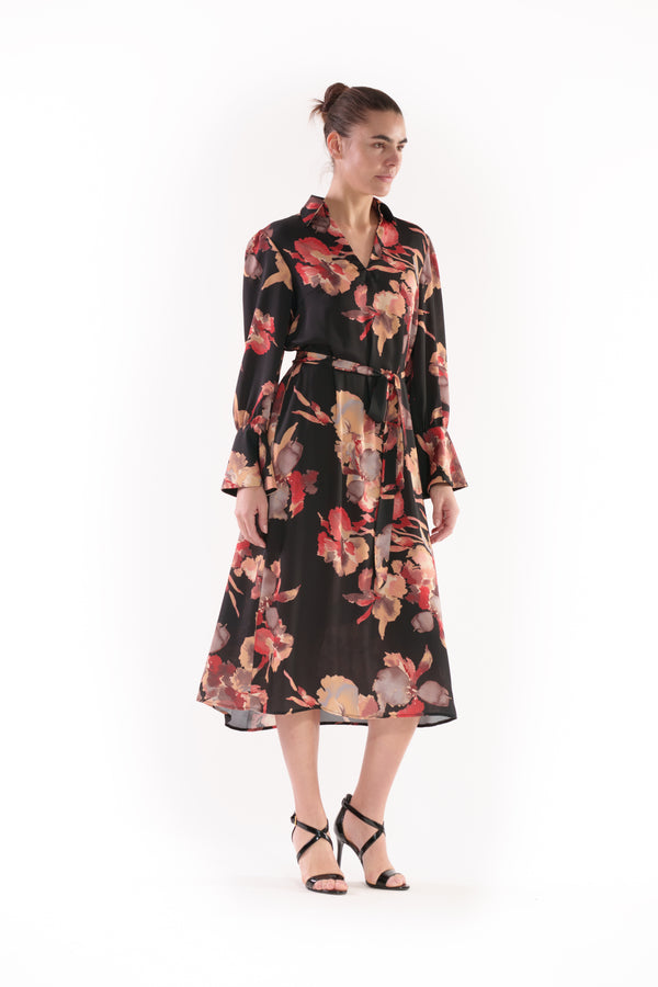 Julia Jordan LONG SLEEVE COLLARED SHIRT DRESS WITH SASH BLACK ORANGE