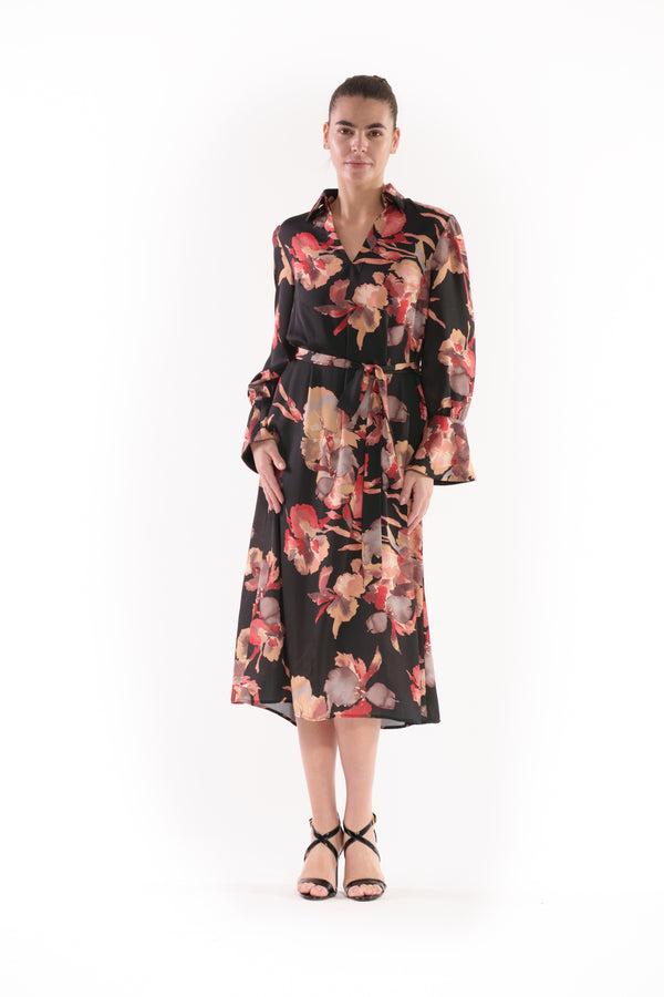 julia jordan LONG SLEEVE COLLARED SHIRT DRESS WITH SASH BLACK ORANGE