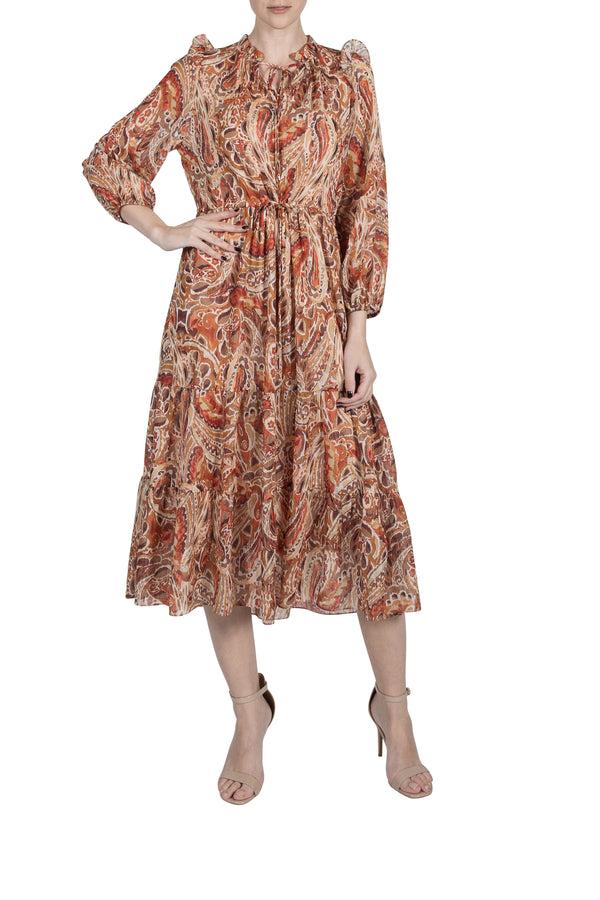 Julia Jordan LONG SLEEVE HIGH NECK TIE MAXI DRESS SAND MULTI