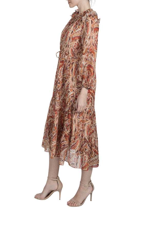 Julia Jordan LONG SLEEVE HIGH NECK TIE MAXI DRESS SAND MULTI