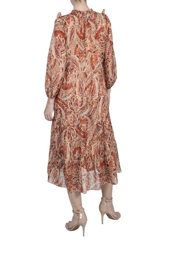 Julia Jordan LONG SLEEVE HIGH NECK TIE MAXI DRESS SAND MULTI