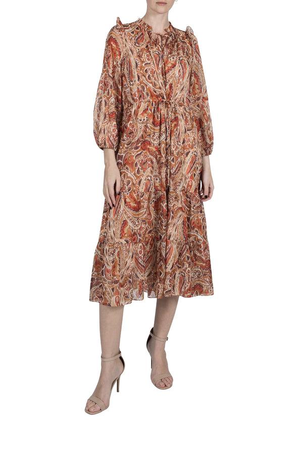 julia jordan LONG SLEEVE HIGH NECK TIE MAXI DRESS SAND MULTI