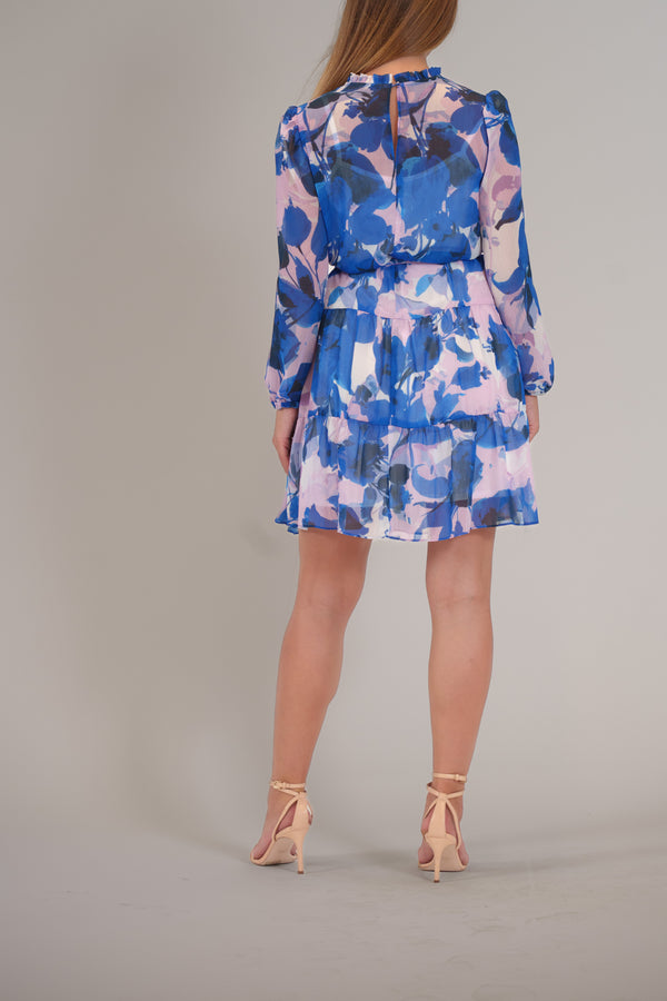 Julia Jordan LONG SLEEVE HIGH RUFFLE NECK MINI DRESS BLUE MULTI