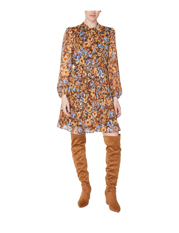 julia jordan Long Sleeve Knot Neck Dress Brown Multi