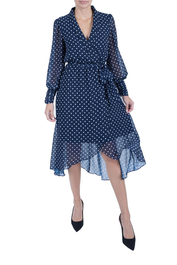 julia jordan Long Sleeve Lapel Neck Wrap Midi Dress Navy