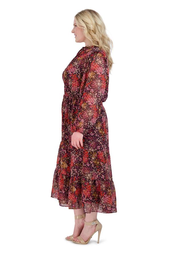 Julia Jordan Long Sleeve Midi Drawstring Waist Dress Brown Multi