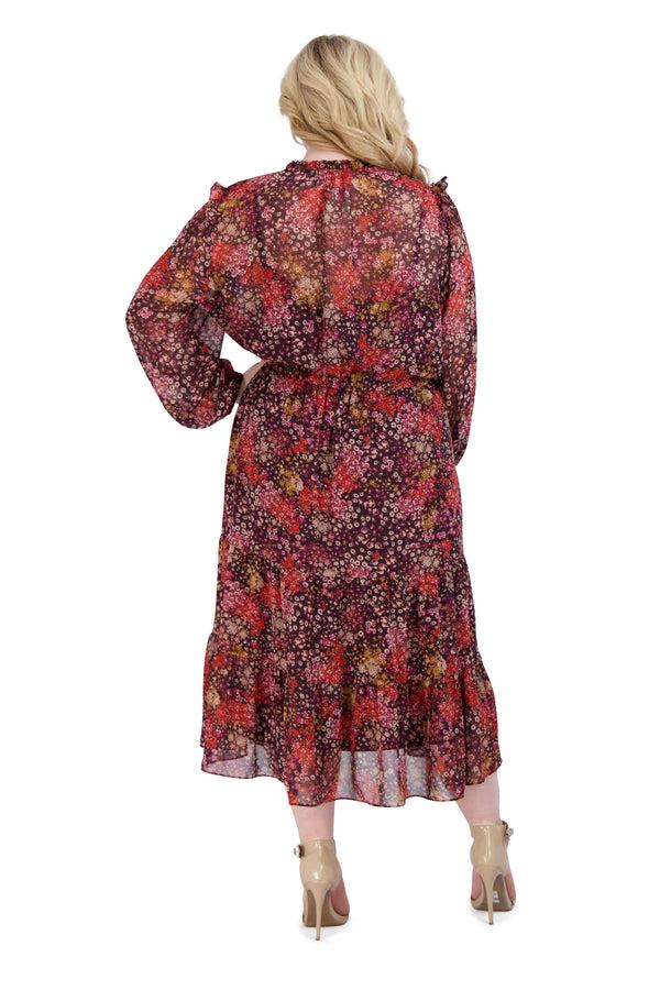 Julia Jordan Long Sleeve Midi Drawstring Waist Dress Brown Multi