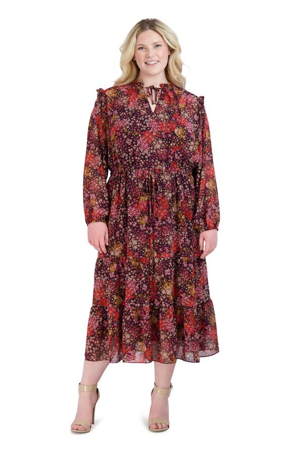 julia jordan Long Sleeve Midi Drawstring Waist Dress Brown Multi